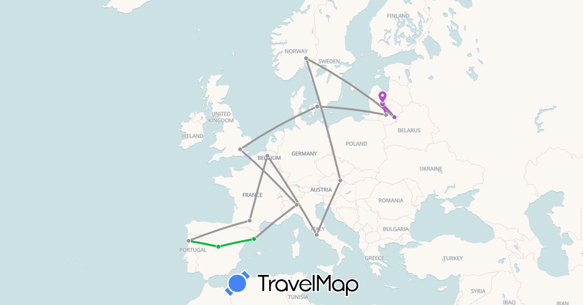 TravelMap itinerary: bus, plane, train in Austria, Belgium, Denmark, Spain, France, United Kingdom, Italy, Lithuania, Norway, Portugal (Europe)
